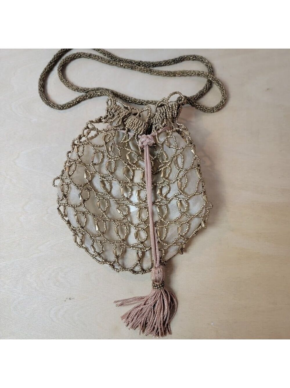 1990s Gold Beaded Crochet Pouch Crossbody Bag - Super Cute - Picture 3 of 12